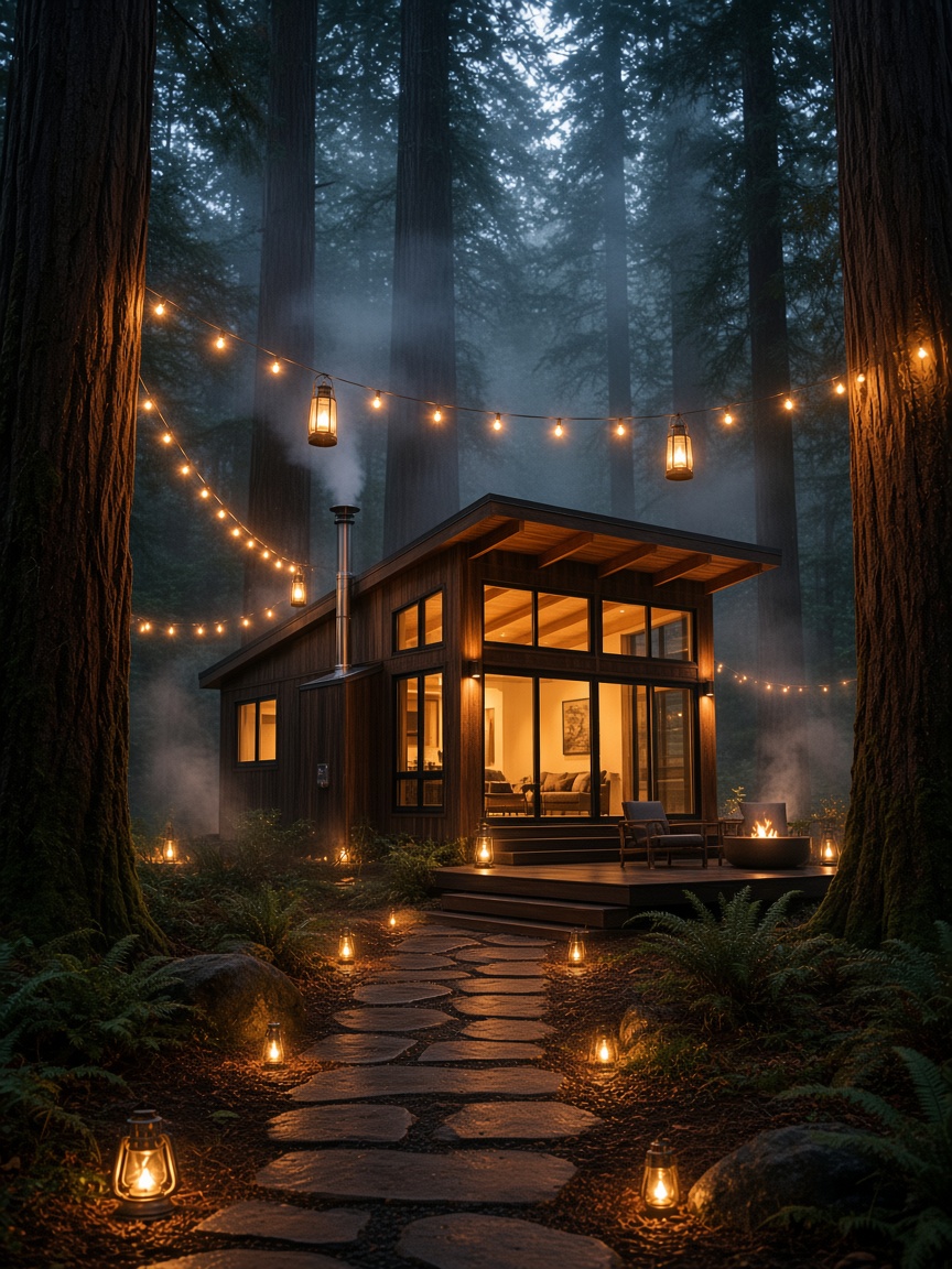 Stone path and string lights leading to the glass hut at night